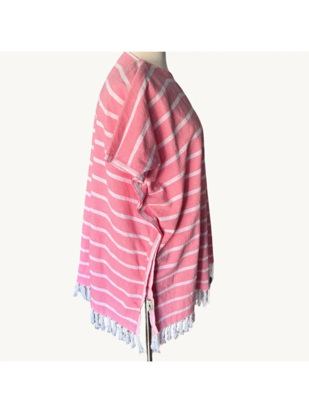 Jennifer Shamam OS Pink & White Striped Hand Woven Tassel Kaftan Beach Cover Up